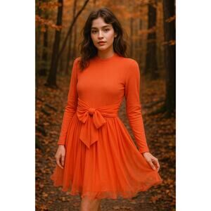 Miss Elliette 1960s Fairy Chiffon Bow Midi Dress Medium Orange Whimsy Coquette